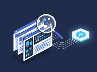 Editorial illustration of a magnifying glass inspecting a browser developer tools panel connected to an AI agent node, representing Chrome DevTools as the verification layer in agentic QA workflows.