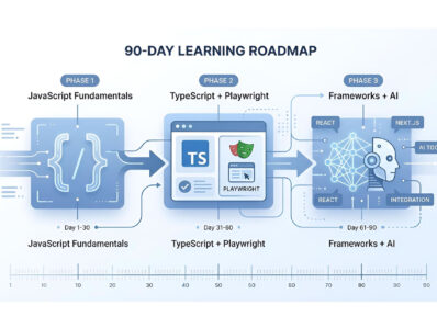 Agentic Testing and QA 90-day Playwright roadmap split into three phases: JavaScript, TypeScript and Playwright, frameworks and AI | TestQuality