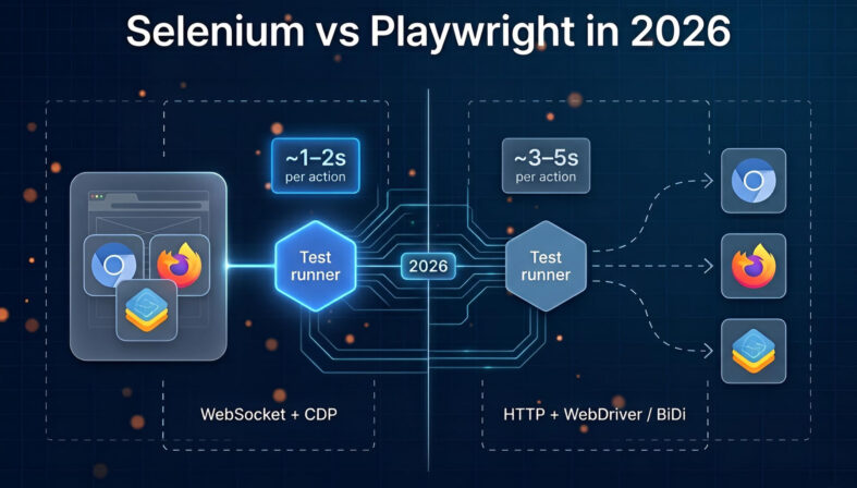 Side-by-side technical architecture diagram comparing Playwright's WebSocket plus CDP model with bundled browsers against Selenium's HTTP plus WebDriver model with decoupled browsers, labeled 