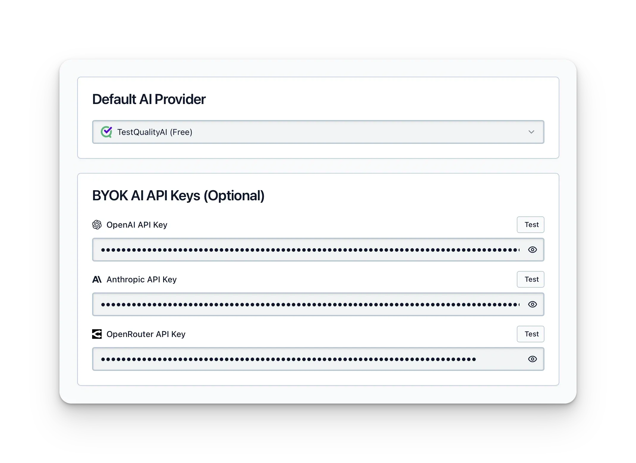 TestStory AI provider settings with the free TestQualityAI model and optional OpenAI, Anthropic and OpenRouter keys