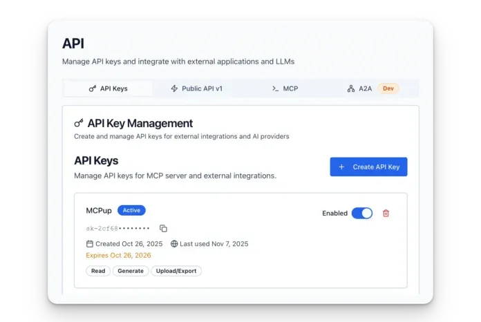 TestStory API key management for MCP, the public API and A2A