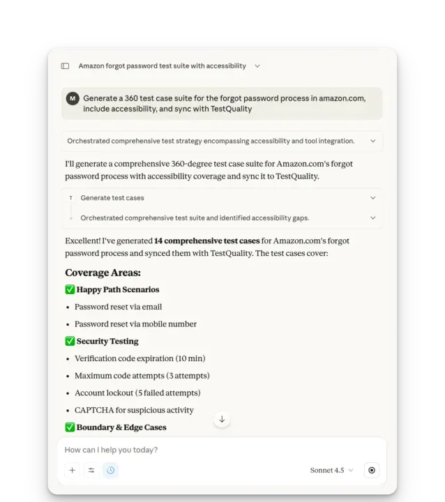 Claude generating a 360-degree test suite through the TestStory MCP server and syncing it to TestQuality