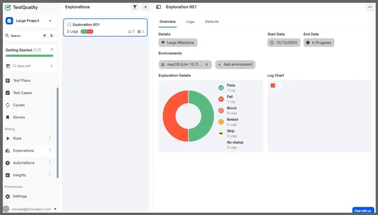 An exploration in TestQuality with environment, exploration details and a results chart