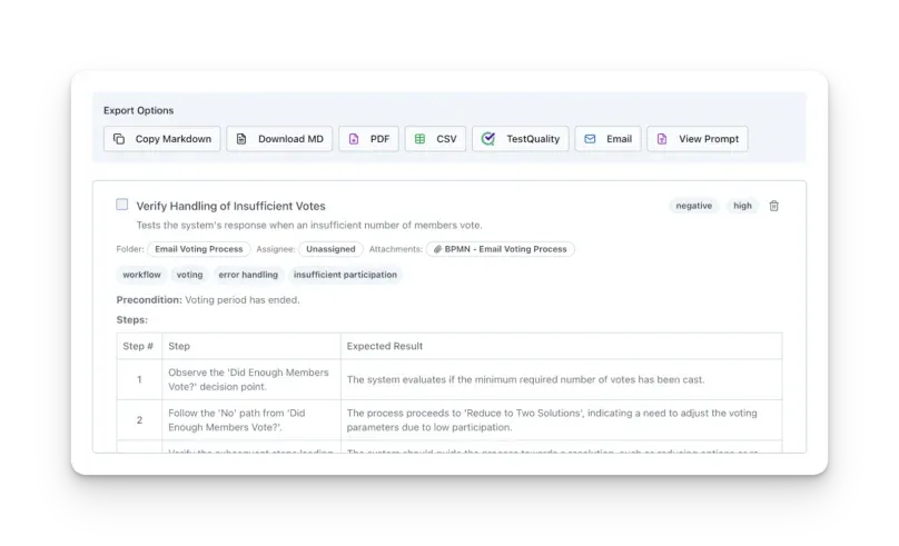 TestStory export options: Markdown, PDF, CSV, TestQuality, email and prompt