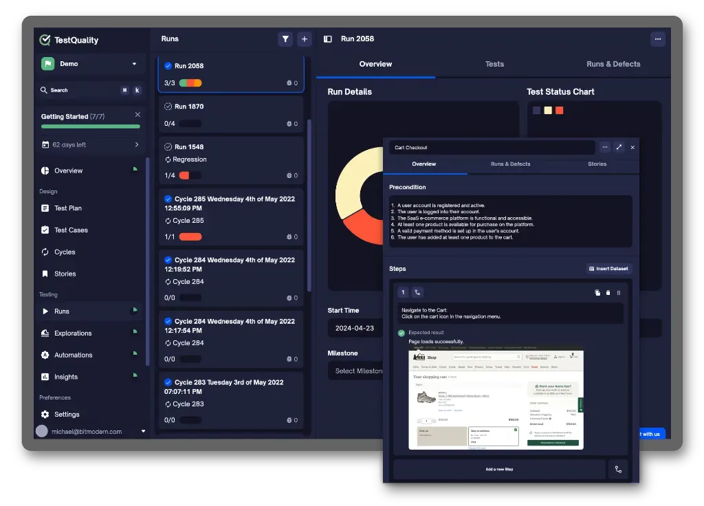 TestQuality test run details with results charts and test steps