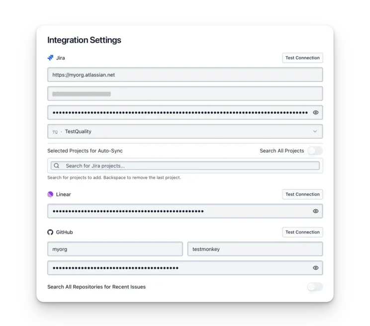 TestStory integration settings for Jira, Linear and GitHub