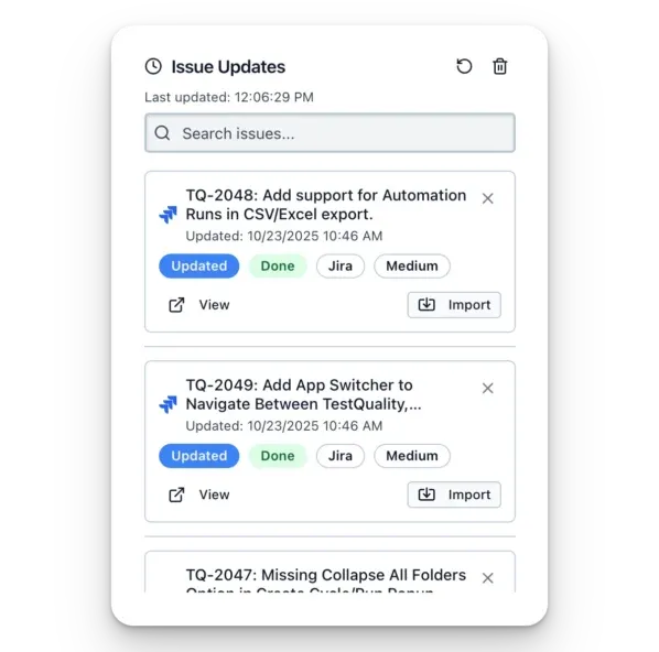 TestStory issue updates panel listing updated Jira issues ready to import