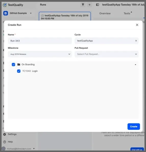 Creating a test run linked to a GitHub pull request in TestQuality