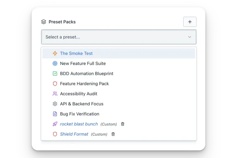 TestStory preset packs: smoke test, new feature suite, BDD automation, accessibility audit and more