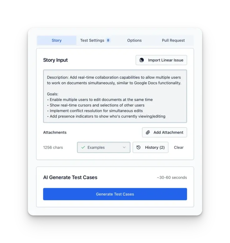 TestStory.ai story input: paste a user story, add attachments and generate test cases