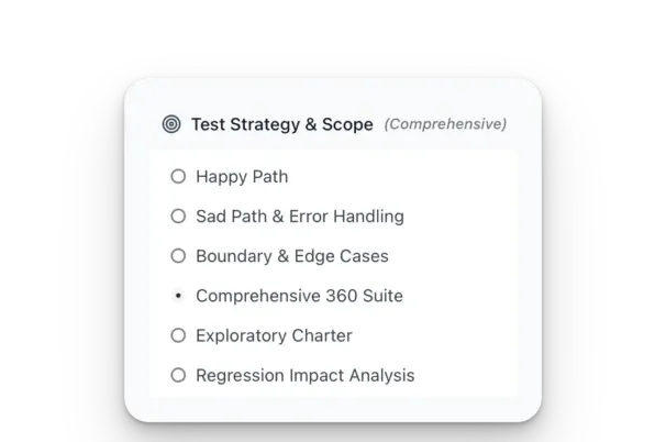 TestStory Test Strategy and Scope dial with happy path, edge cases, 360 suite and regression options