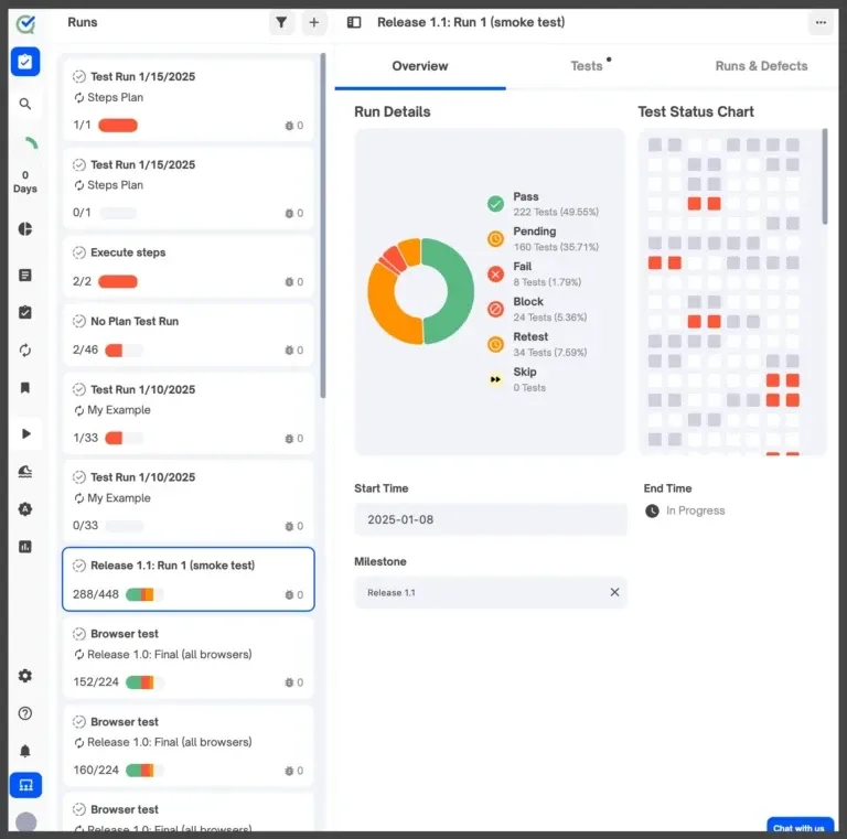 TestQuality run details with a test status chart, shown in light and dark mode