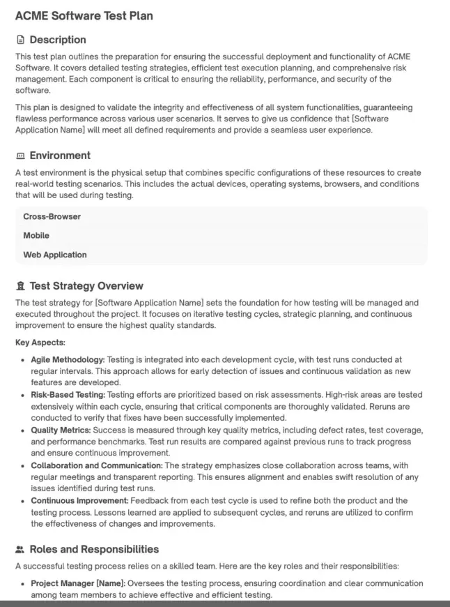 A test plan in the TestQuality Test Plan Builder with description, environment and test strategy sections