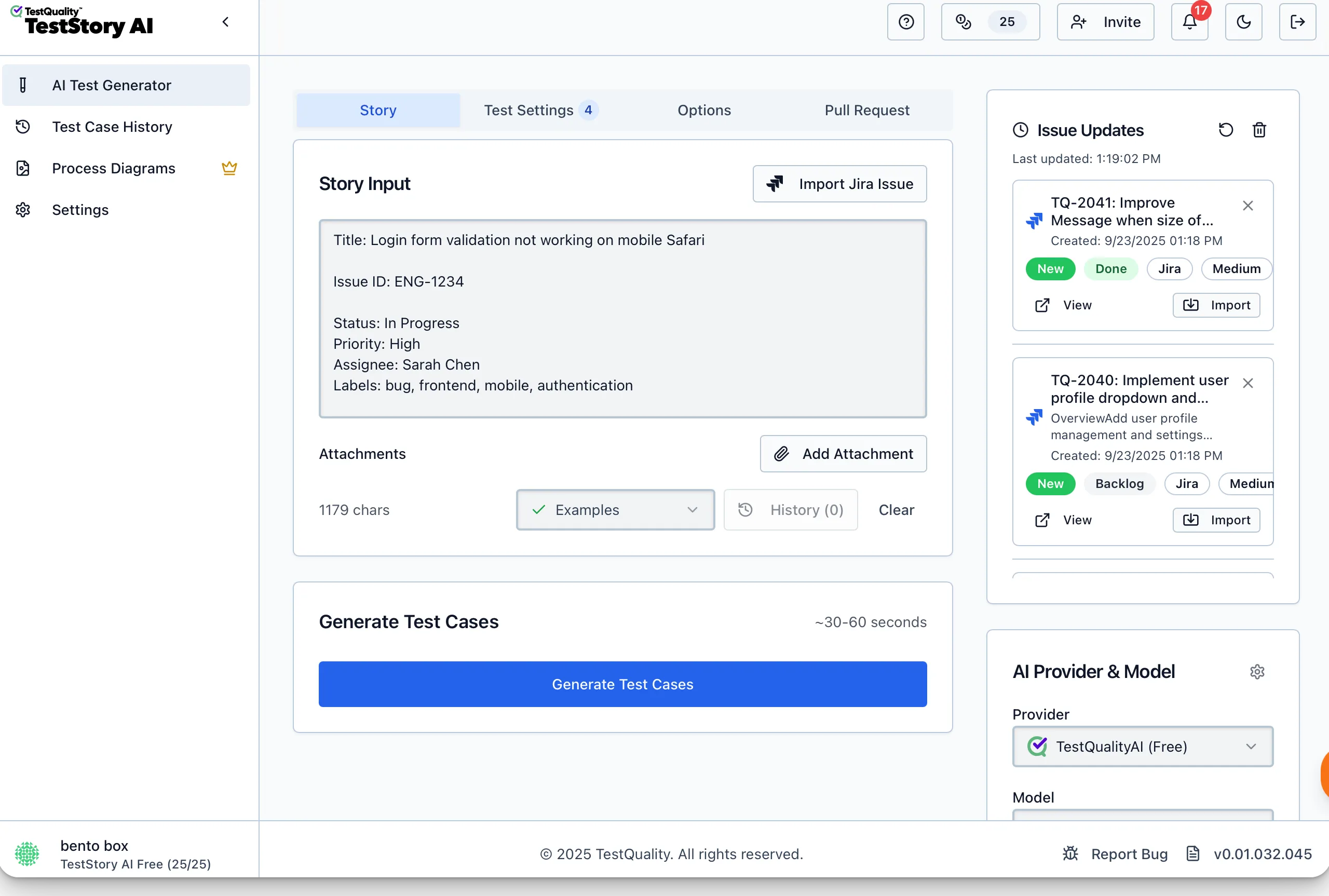 TestStory.ai AI test case generator turning a story into test cases