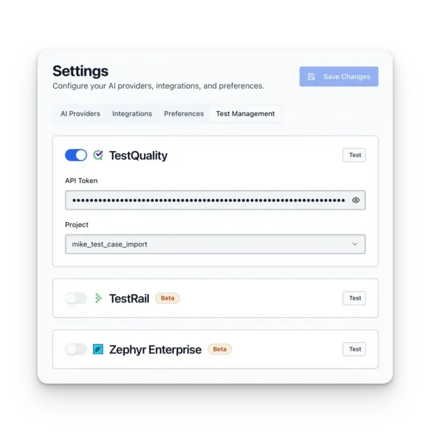 TestStory integration settings for TestQuality, TestRail and Zephyr Enterprise