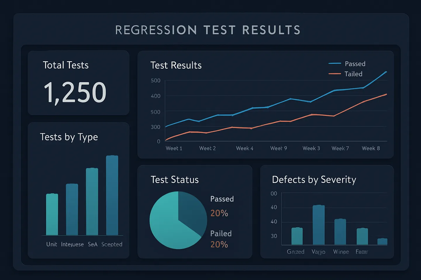 Analytics dashboard displaying regression testing metrics and results for quality assessment