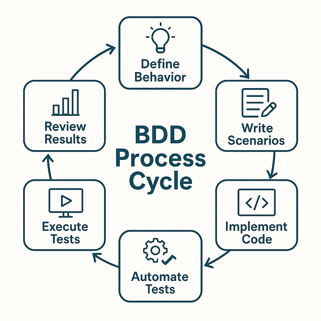 The Behavior-Driven Development Testing Workflow Complete workflow cycle of Behavior-Driven Development from defining behavior to reviewing test results