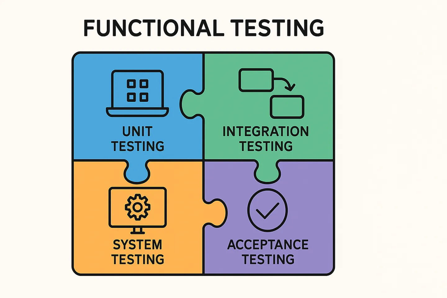Four-piece puzzle showing the main types of functional testing: unit, integration, system, and acceptance testing