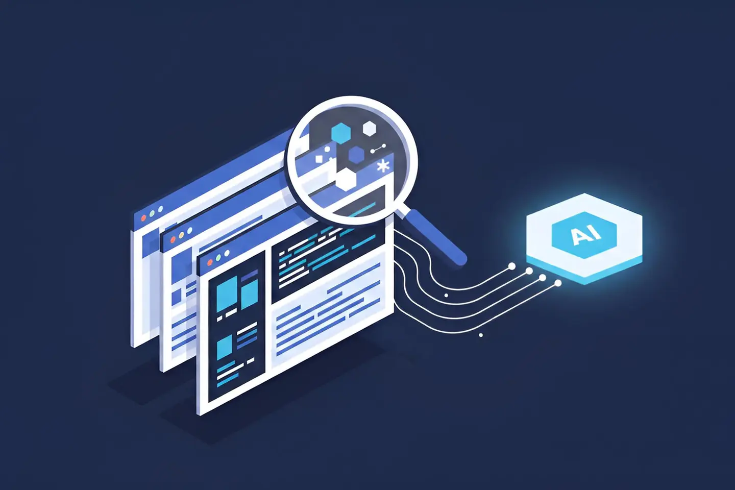 Editorial illustration of a magnifying glass inspecting a browser developer tools panel connected to an AI agent node, representing Chrome DevTools as the verification layer in agentic QA workflows.