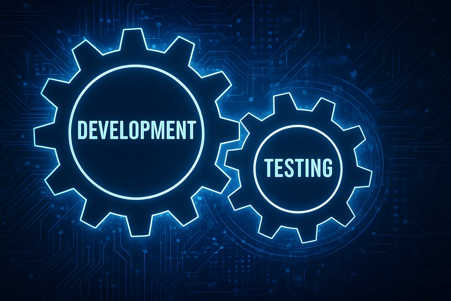Interlocking gears representing the integration of development and quality testing processes