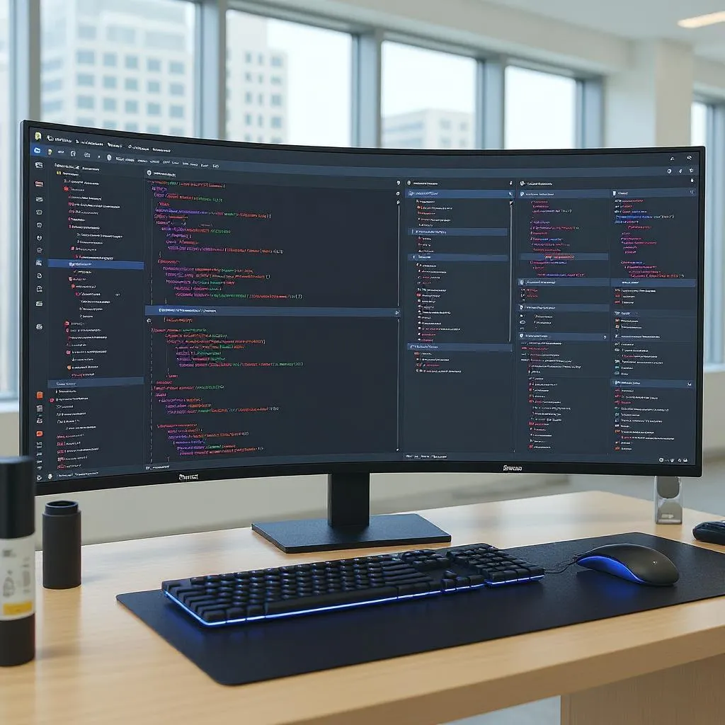 Modern development workstation showing Gherkin test automation integration with multiple monitoring screens