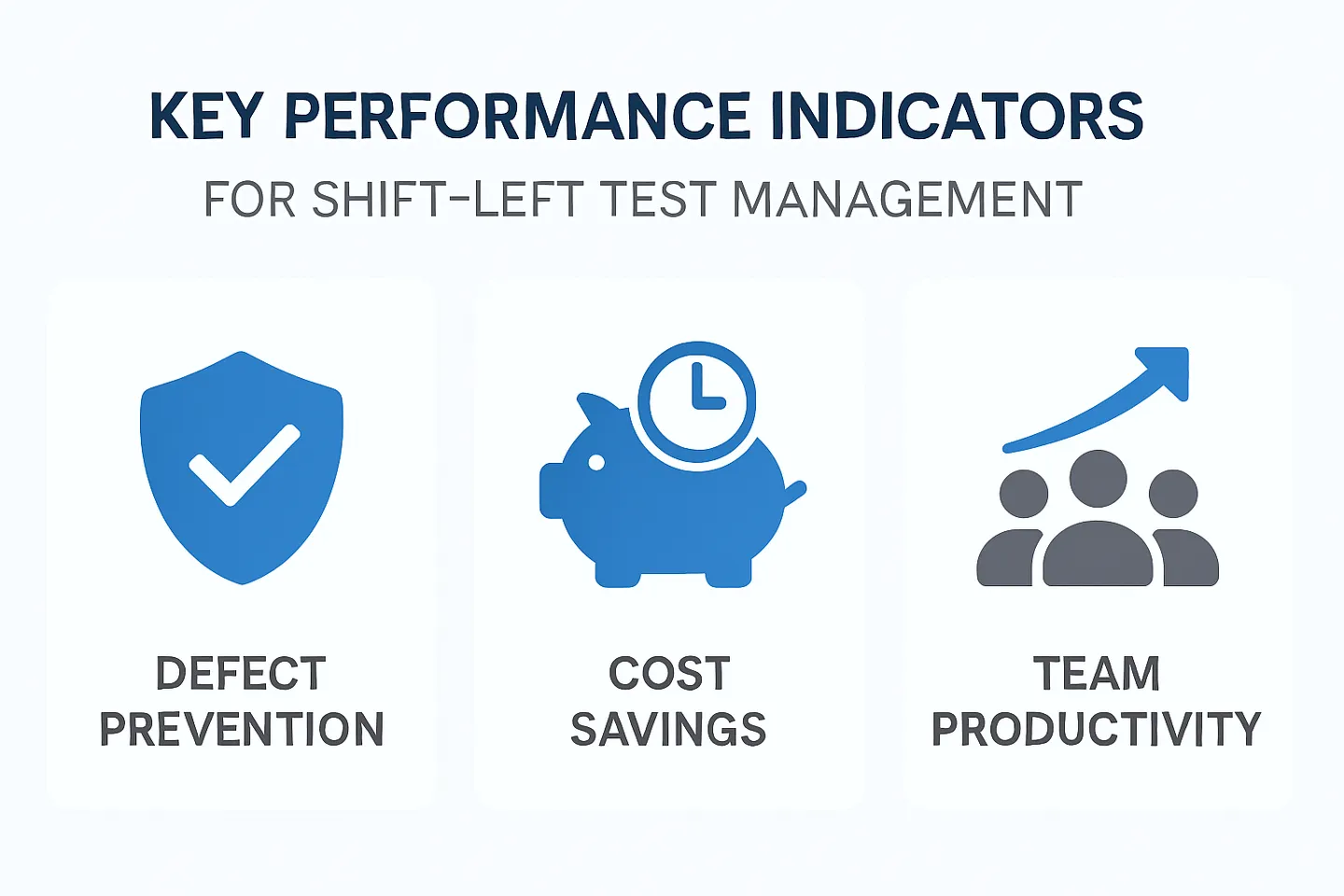 Three KPIs for Shift-Left Test Management: Quality metrics like defect prevention, cost savings, team productivity.