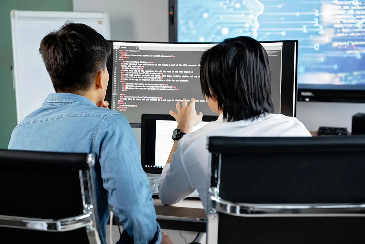 Collaborating with Gherkin BDD Tools View of the back of two young men looking together at coding on a large monitor