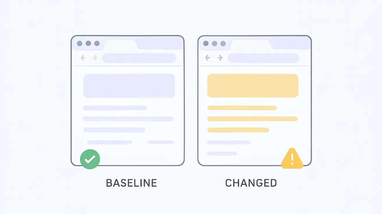 Visual regression testing comparison showing before and after screenshots with difference highlighting