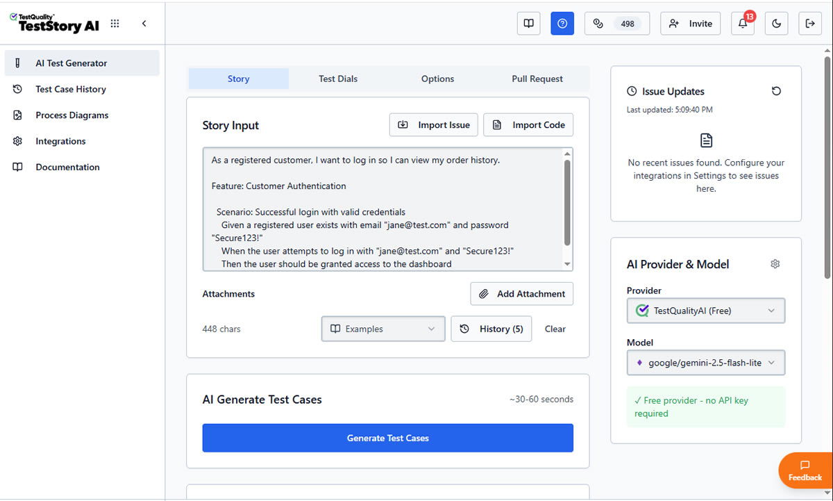 Gherkin Testing: What Is Gherkin Language? TestStory.ai QA Agent interface showing user story input being processed to generate structured test cases for AI software testing in 2026
