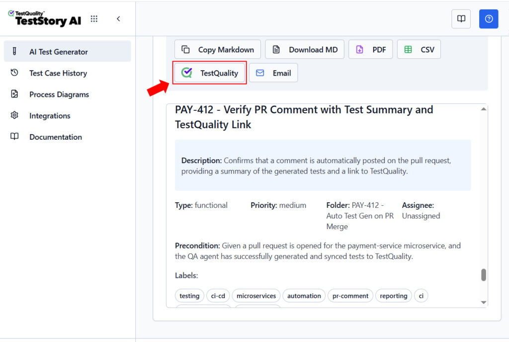 TestStory Generated Test Cases on PR example Syncing with TestQuality test management button. Showing TestStory.ai Transfer TestQuality button.