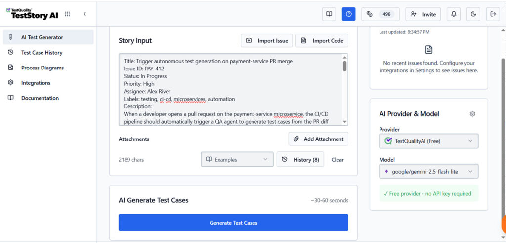 TestStory.ai input panel showing a payment-service pull request used as context to autonomously generate contract, integration and smoke test cases for a microservices CI/CD pipeline
