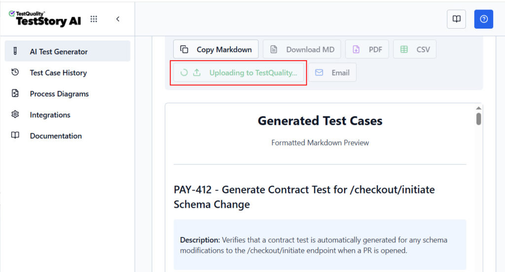 TestStory.ai input panel showing a payment-service pull request used as context to autonomously generate contract, integration and smoke test cases for a microservices CI/CD pipeline