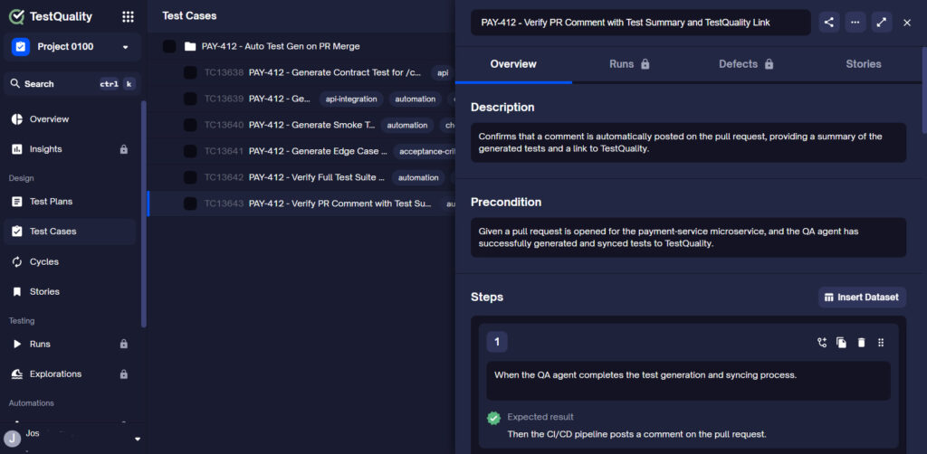 TestQuality test management Test Repository showing the Test Cases tree. Examples on contract, integration and smoke test cases automatically synced from TestStory.ai after a microservices pull request, organized and ready for execution