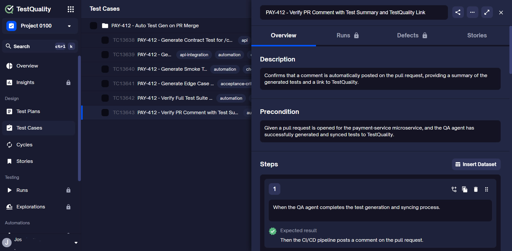 TestQuality test management dashboard showing test cases generated by TestStory.ai from a microservices PR, synced automatically into the tests section