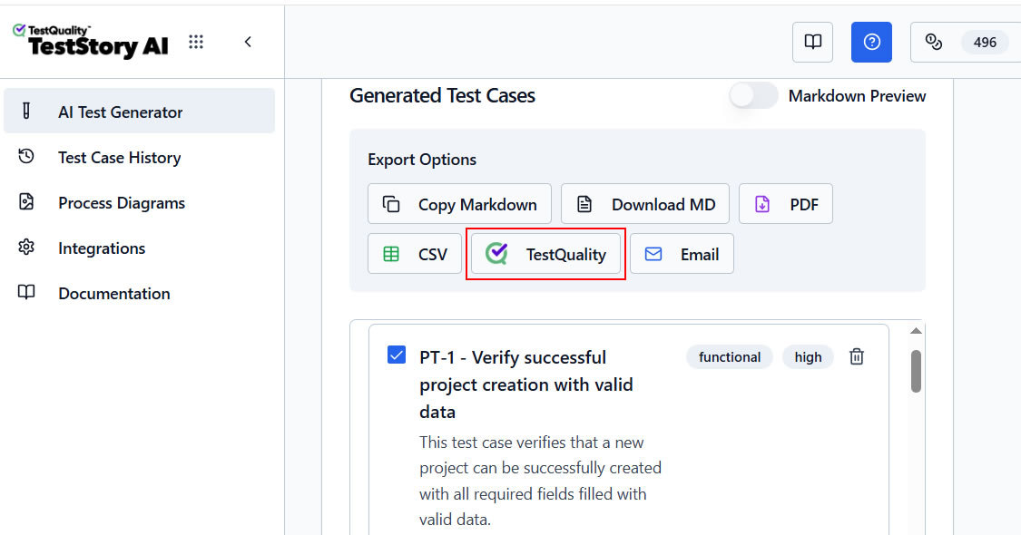 TestStory.ai generating a Gherkin test case with memory of previous edge cases inside the TestQuality interface