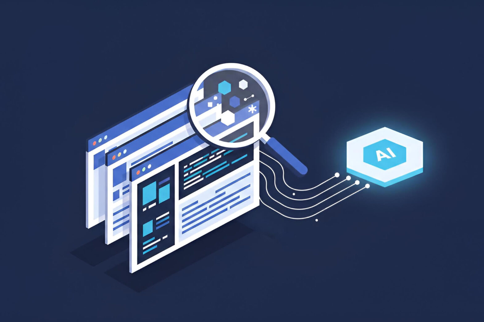Editorial illustration of a magnifying glass inspecting a browser developer tools panel connected to an AI agent node, representing Chrome DevTools as the verification layer in agentic QA workflows.