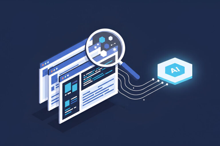 Editorial illustration of a magnifying glass inspecting a browser developer tools panel connected to an AI agent node, representing Chrome DevTools as the verification layer in agentic QA workflows.