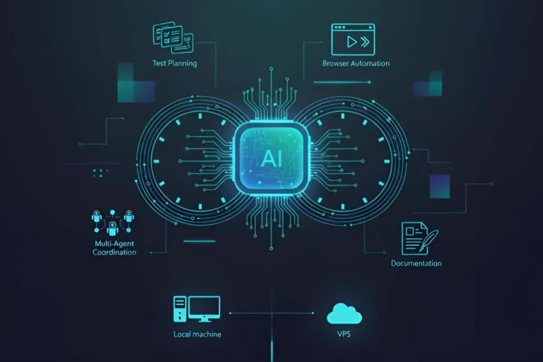 Futuristic illustration of a 24/7 AI tester with circuit infinity loop, connected device | TestQuality Agentic Testing