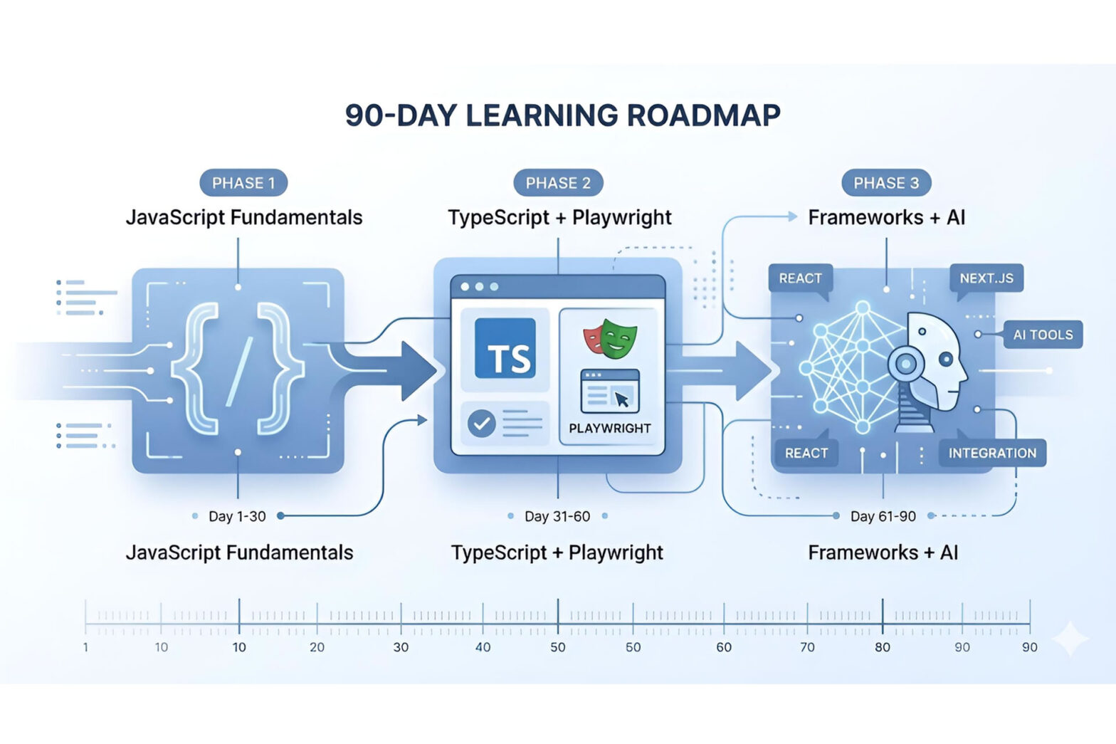 Agentic Testing and QA 90-day Playwright roadmap split into three phases: JavaScript, TypeScript and Playwright, frameworks and AI | TestQuality