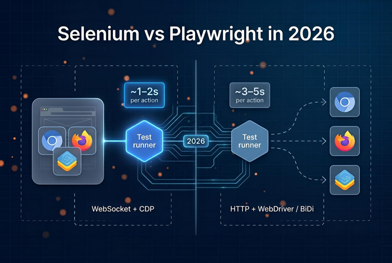Side-by-side technical architecture diagram comparing Playwright's WebSocket plus CDP model with bundled browsers against Selenium's HTTP plus WebDriver model with decoupled browsers, labeled "2026