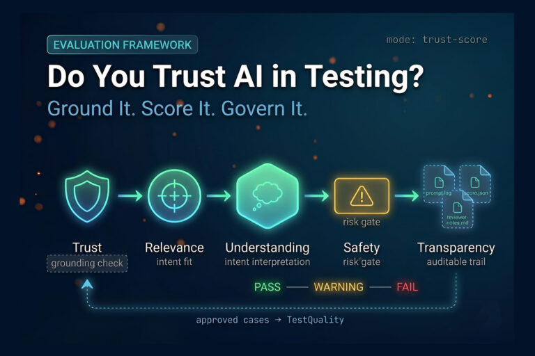 Five-dimension AI trust scoring pipeline diagram showing trust, relevance, understanding, safety, and transparency evaluation stages for QA teams