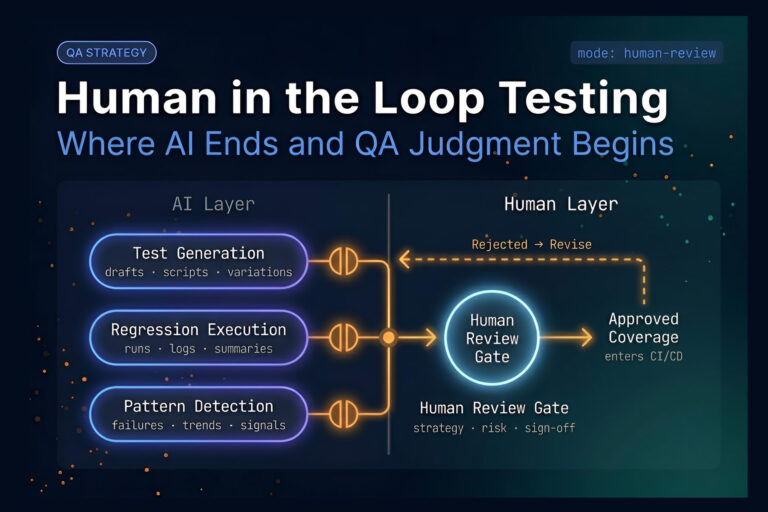 Diagram showing AI layer handling test generation and execution feeding into a human review gate, illustrating human in the loop testing workflow
