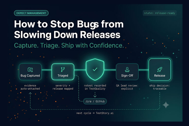 Defect management pipeline diagram showing five stages from bug capture to release sign-off with TestQuality integration
