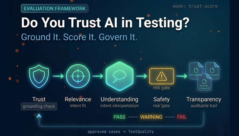 Five-dimension AI trust scoring pipeline diagram showing trust, relevance, understanding, safety, and transparency evaluation stages for QA teams