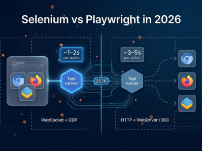 Side-by-side technical architecture diagram comparing Playwright's WebSocket plus CDP model with bundled browsers against Selenium's HTTP plus WebDriver model with decoupled browsers, labeled 