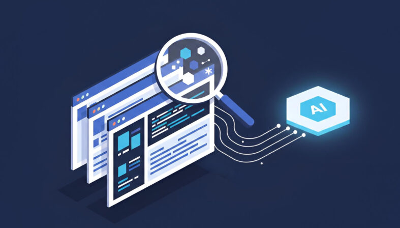Editorial illustration of a magnifying glass inspecting a browser developer tools panel connected to an AI agent node, representing Chrome DevTools as the verification layer in agentic QA workflows.