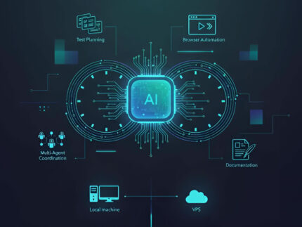 Futuristic illustration of a 24/7 AI tester with circuit infinity loop, connected device. TestQuality Agentic Testing Futuristic illustration of a 24/7 AI tester with circuit infinity loop, connected device | TestQuality Agentic Testing