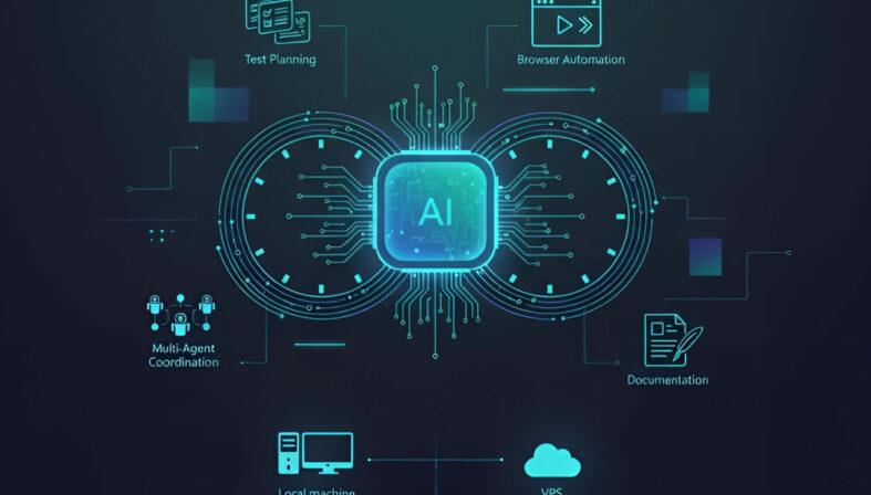 Futuristic illustration of a 24/7 AI tester with circuit infinity loop, connected device | TestQuality Agentic Testing