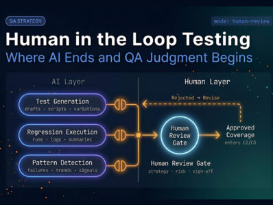 Human in the Loop Testing — AI and Human Review Architecture Diagram showing AI layer handling test generation and execution feeding into a human review gate, illustrating human in the loop testing workflow