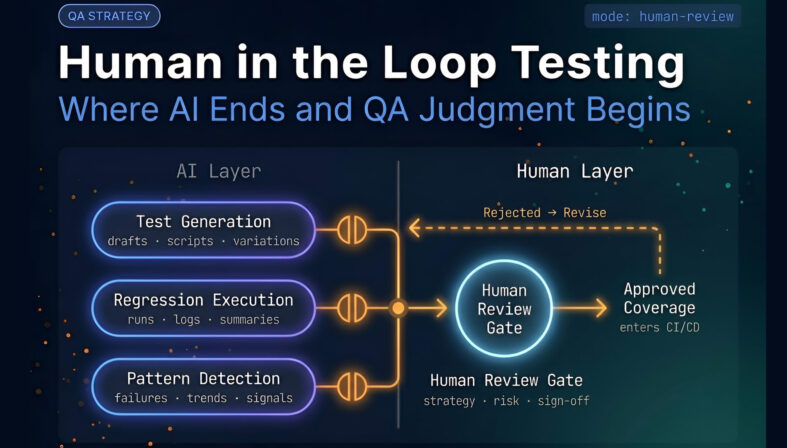 Human in the Loop Testing — AI and Human Review Architecture Diagram showing AI layer handling test generation and execution feeding into a human review gate, illustrating human in the loop testing workflow